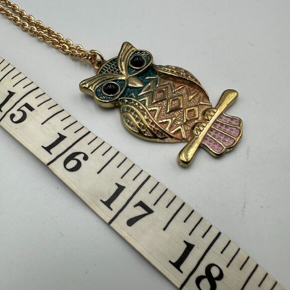 3/$30 Owl Pendant Necklace Gold Tone Multicolored Enamel Geometric Long Chain - Picture 9 of 12